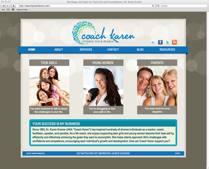 Website for a life coach. This site offered WordPress customization to allow the client to have content management over several pages of the site.