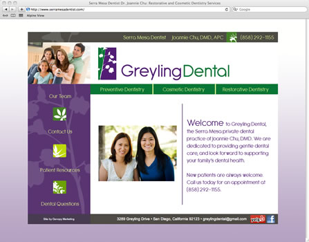 Website for a dental practice. This custom designed site was built to establish a community presence for a new dentist. Meta data (page titles and descriptions) were developed to target keywords to increase Google search results.