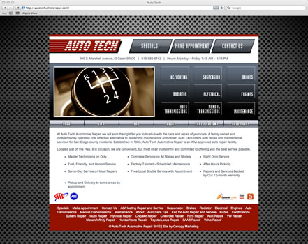 Website for a San Diego automotive repair shop. This site was built on the Wordpress platform, offering full content management for the client while retaining a high level of custom design.